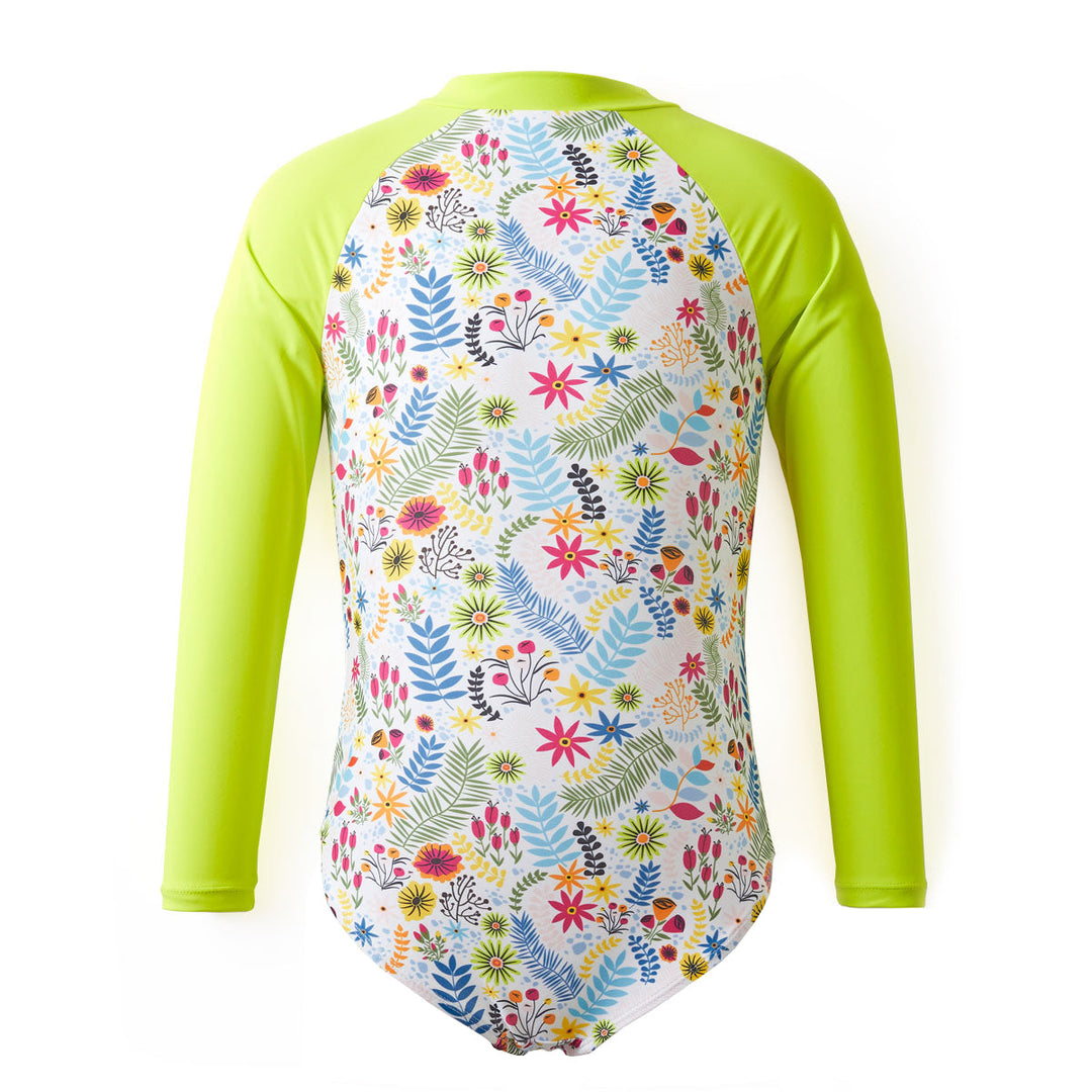 Colourful jungle themed swimsuit with long sleeves in bright lime, back.