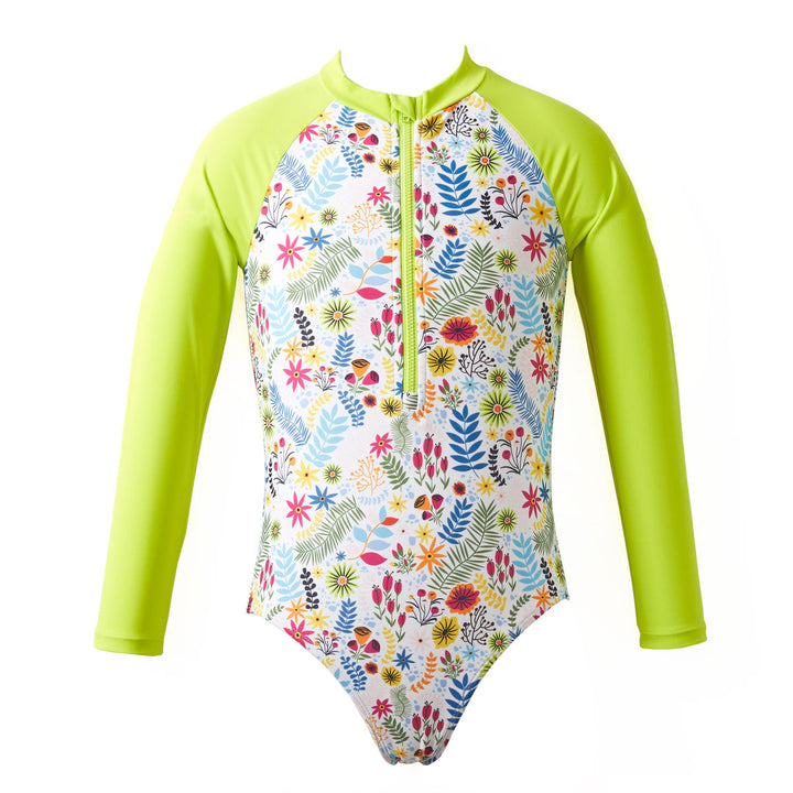 Colourful jungle themed swimsuit with long sleeves in bright lime, front.