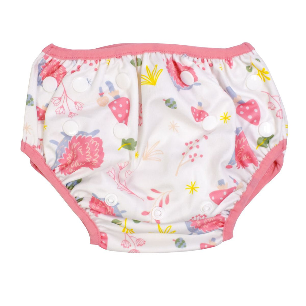 Under nappy in white with pink trims and forest themed print, including mushrooms, hedgehogs, leaves and flowers. Size adjustable with poppers. Back.