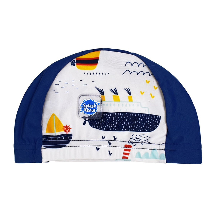 Cute baby swim hat in navy and white with boats themed print.