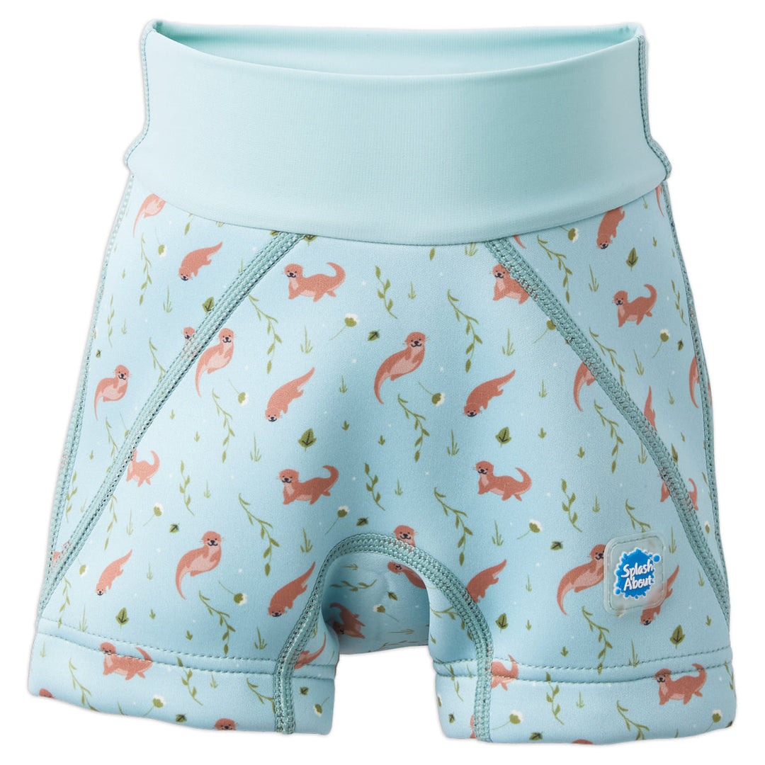 Neoprene swim shorts in blue with otters themed print. Front.