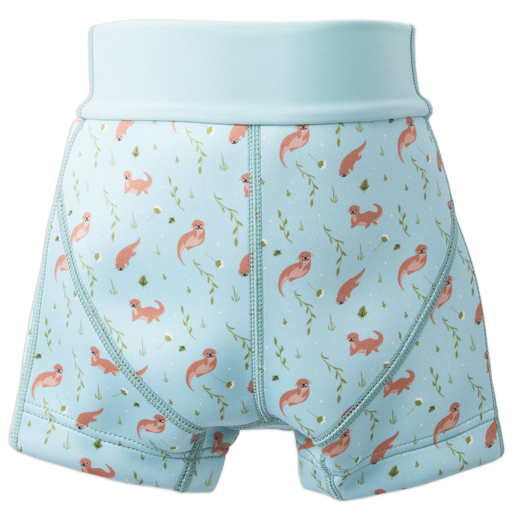 Neoprene swim shorts in blue with otters themed print. Back.