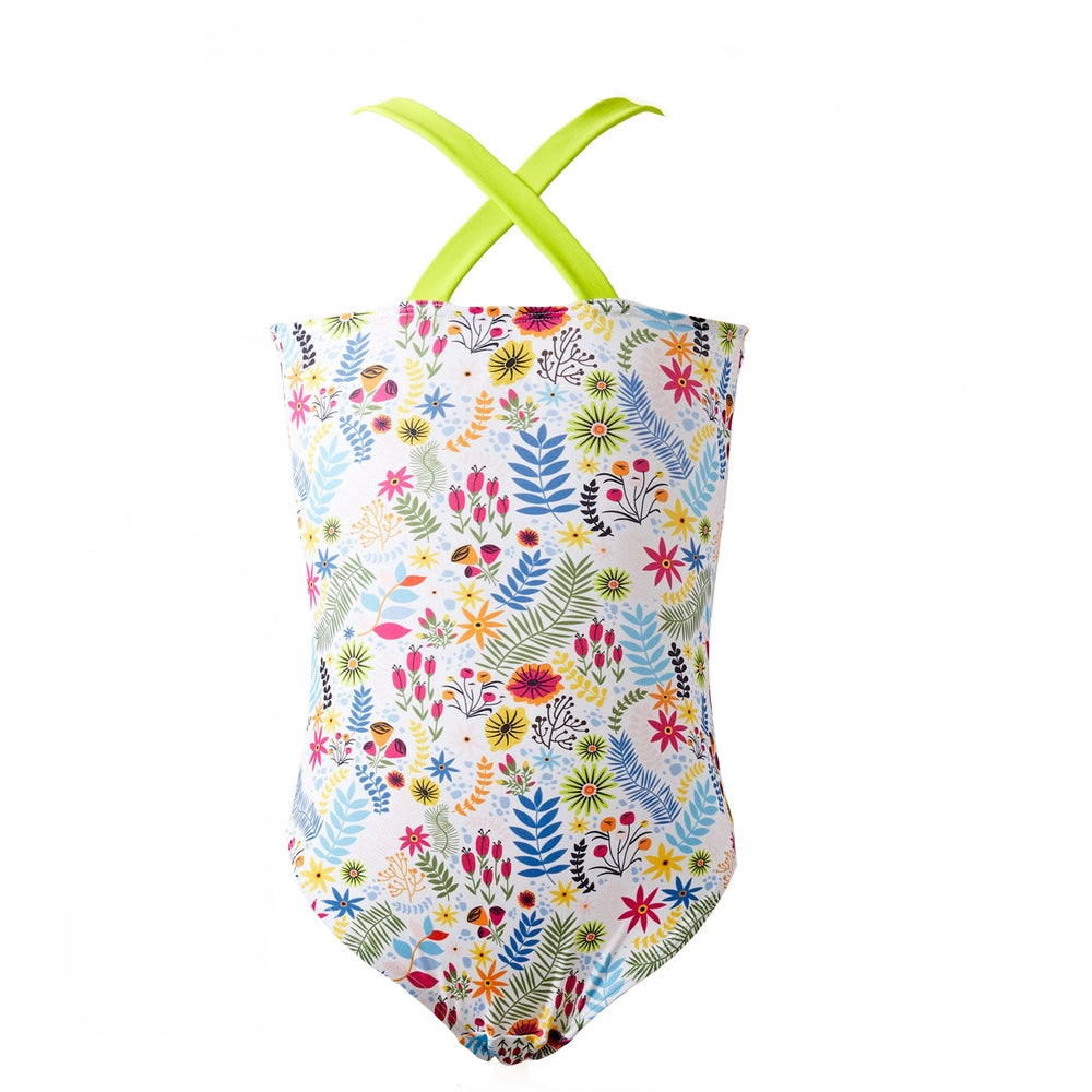 Colourful jungle themed swimsuit with wide straps in bright lime, back.