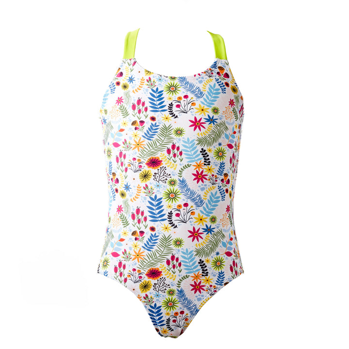 Colourful jungle themed swimsuit with wide straps in bright lime, front.