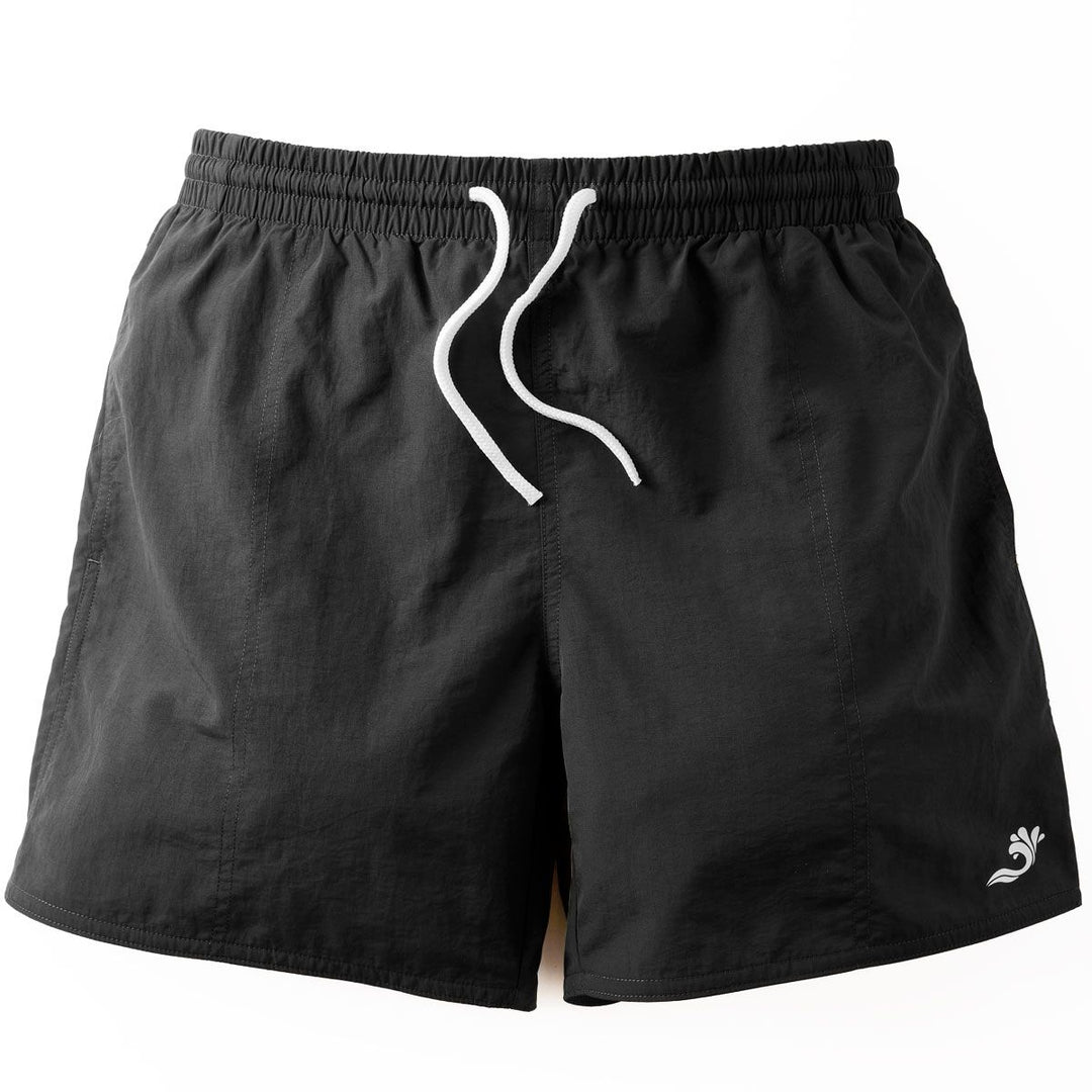 Black swim shorts for men in black, front.