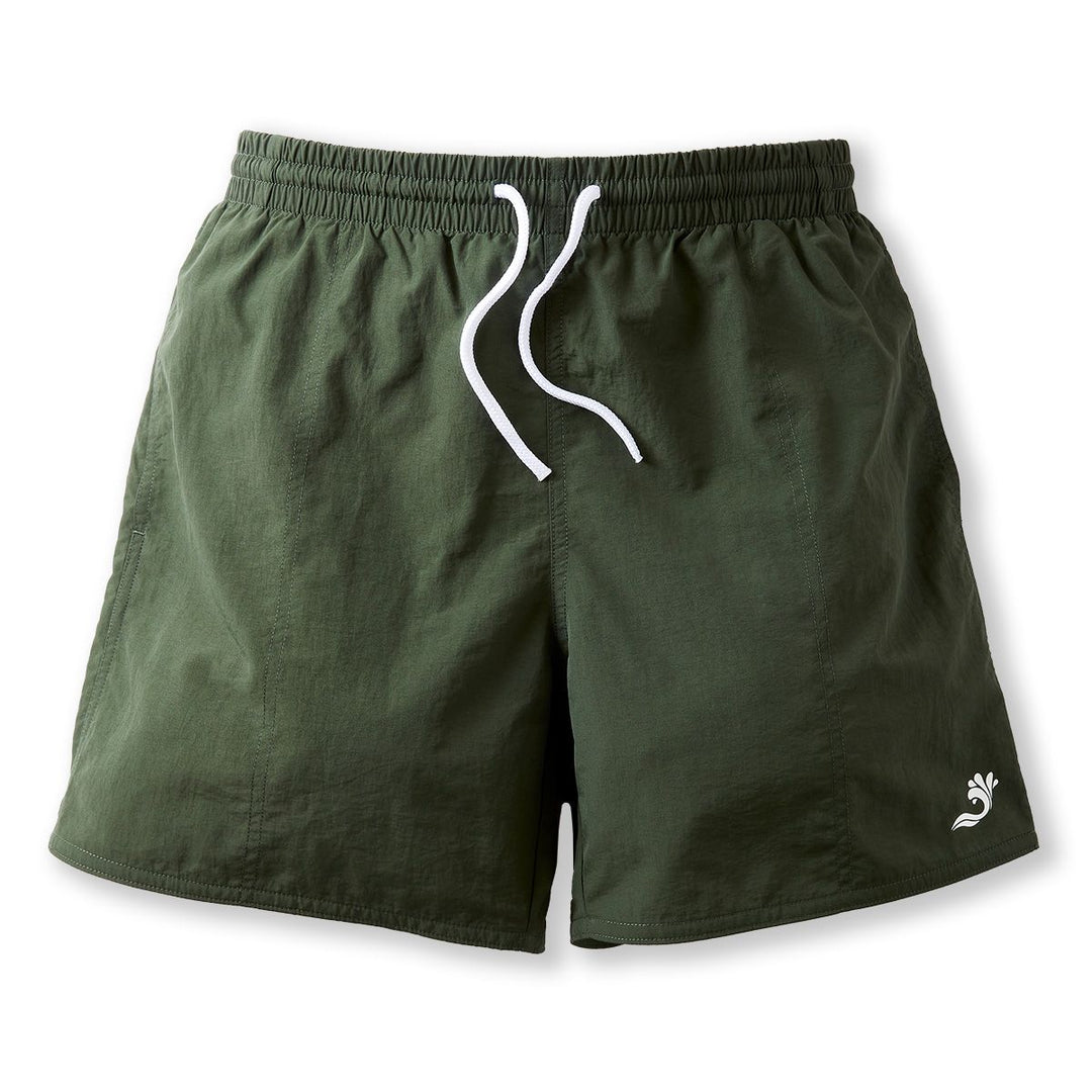 Green swim shorts for men in green, front.