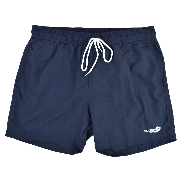 Navy swim shorts for men, front.