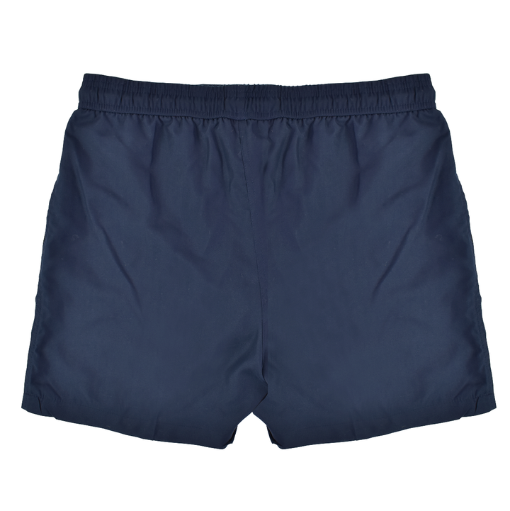 Navy swim shorts for men, back.