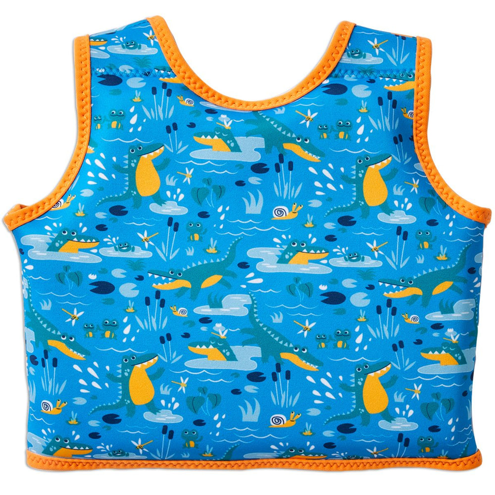 Neoprene swim vest for toddlers with non-removable floats in sky blue, orange trims and swamp creatures themed print, including crocodiles and frogs. Back.