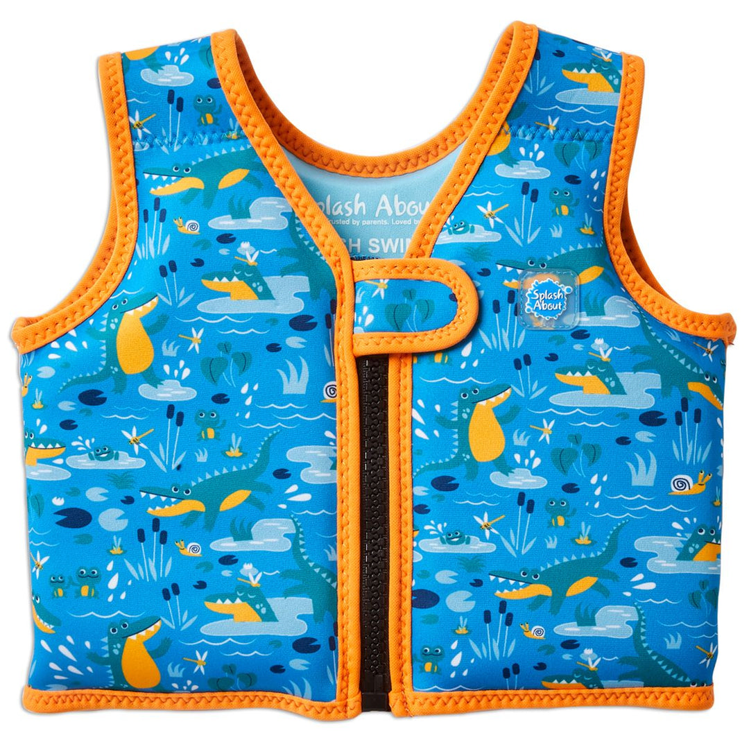 Neoprene swim vest for toddlers with non-removable floats in sky blue, orange trims and swamp creatures themed print, including crocodiles and frogs. Front.