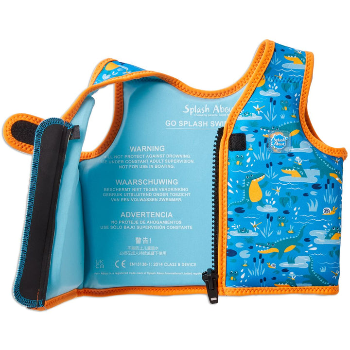 Neoprene swim vest for toddlers with non-removable floats in sky blue, orange trims and swamp creatures themed print, including crocodiles and frogs. Open.