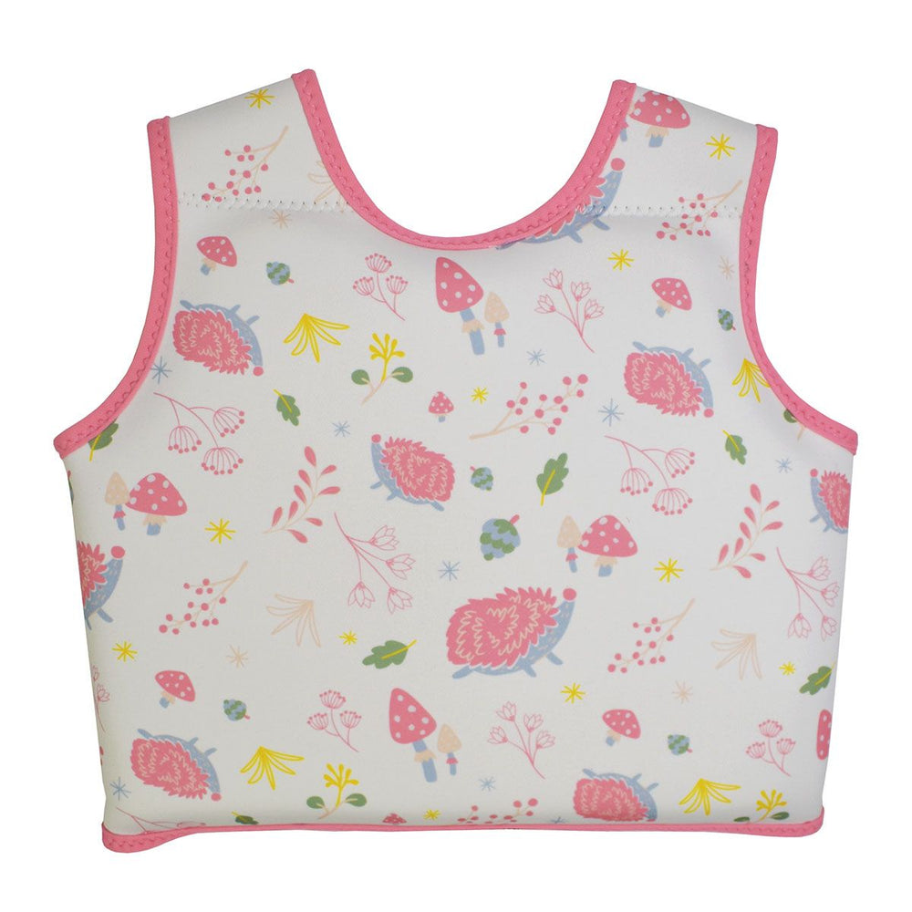 Neoprene swim vest for toddlers with non-removable floats in white, pink trims and forest themed print, including hedgehogs, mushrooms and leaves. Back.