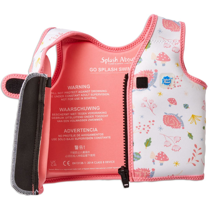 Neoprene swim vest for toddlers with non-removable floats in white, pink trims and forest themed print, including hedgehogs, mushrooms and leaves. Open.