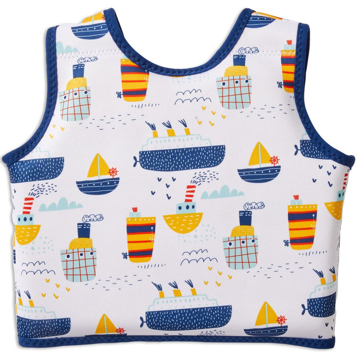 Neoprene swim vest for toddlers with non-removable floats in white, navy trims and boats themed print. Back.