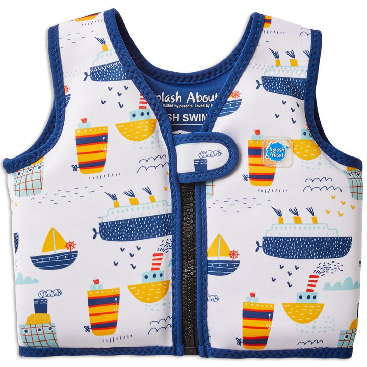 Neoprene swim vest for toddlers with non-removable floats in white, navy trims and boats themed print. Front.