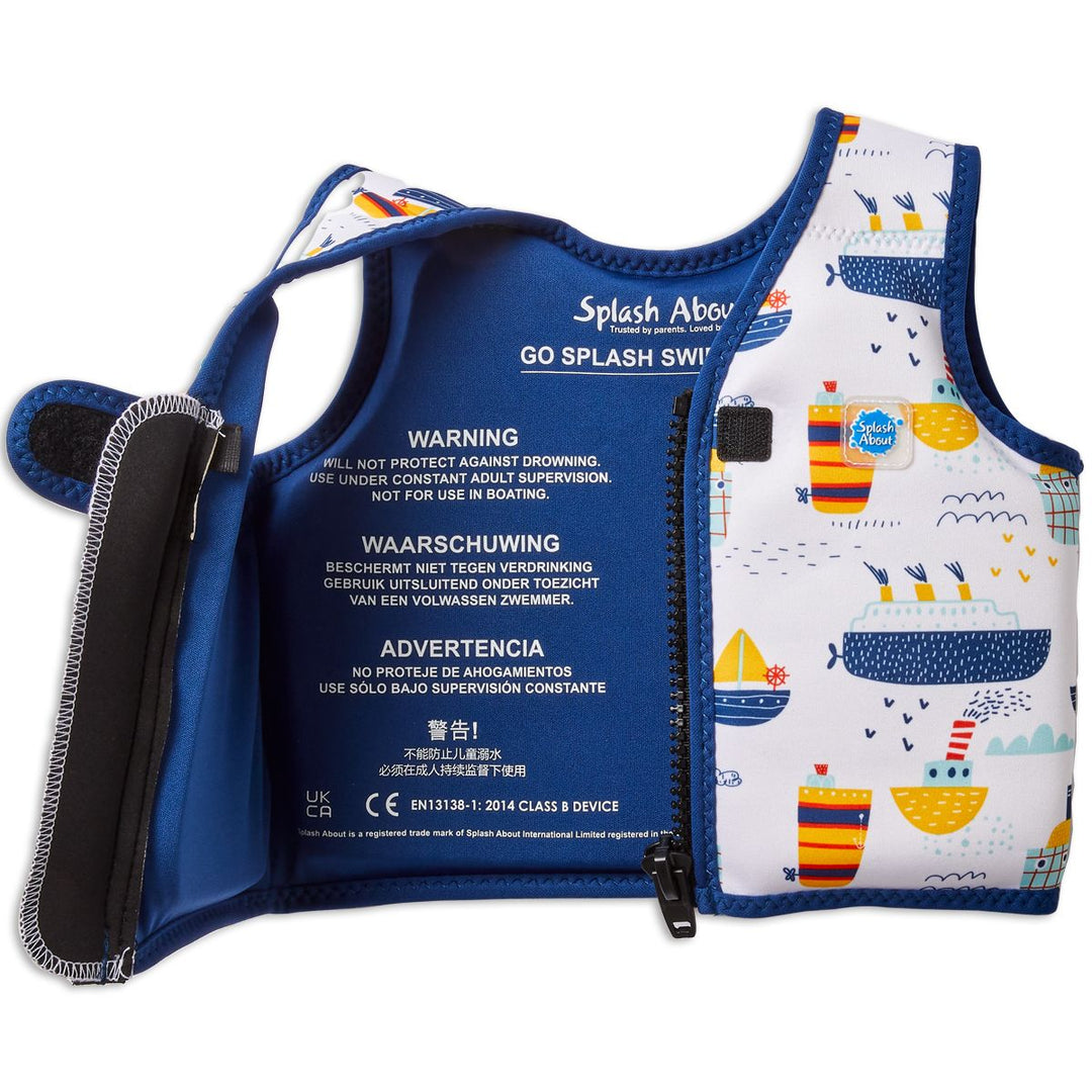 Neoprene swim vest for toddlers with non-removable floats in white, navy trims and boats themed print. Open.