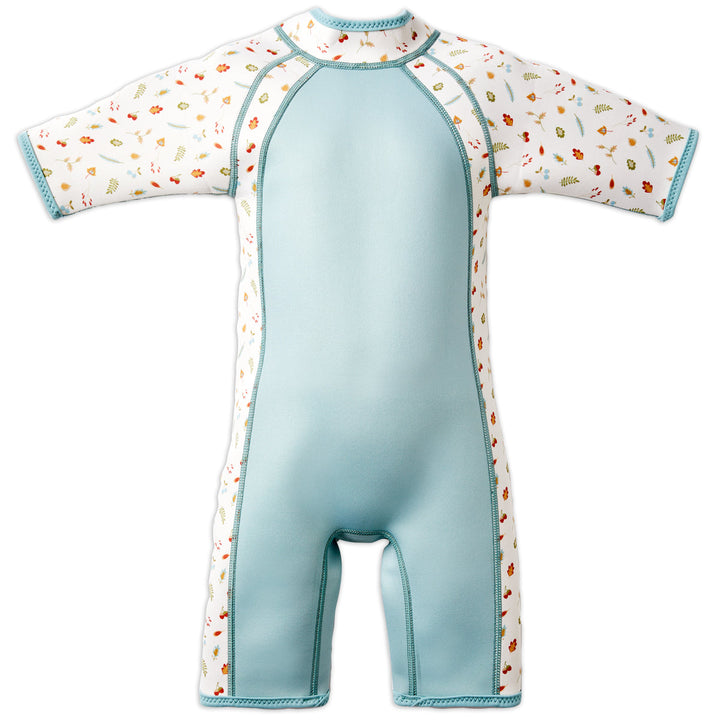 Shorty wetsuit in light blue, featuring acorns and leaves themed print over white background in sleeves and side panels. Back.