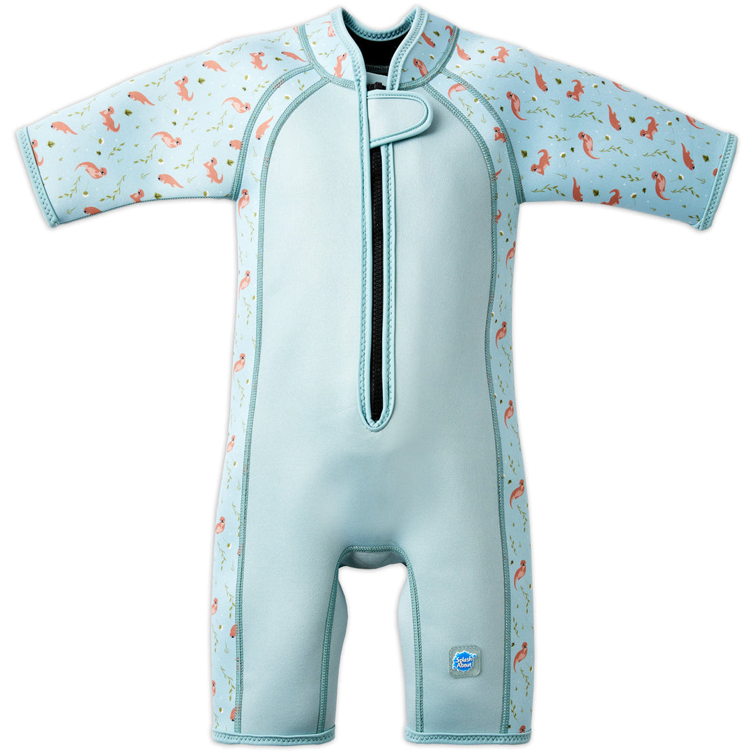 Shorty wetsuit in light blue, featuring otters themed print in sleeves and side panels. Front.