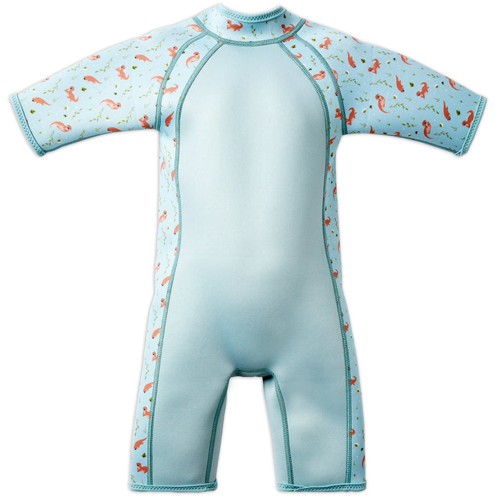Shorty wetsuit in light blue, featuring otters themed print in sleeves and side panels. Back.