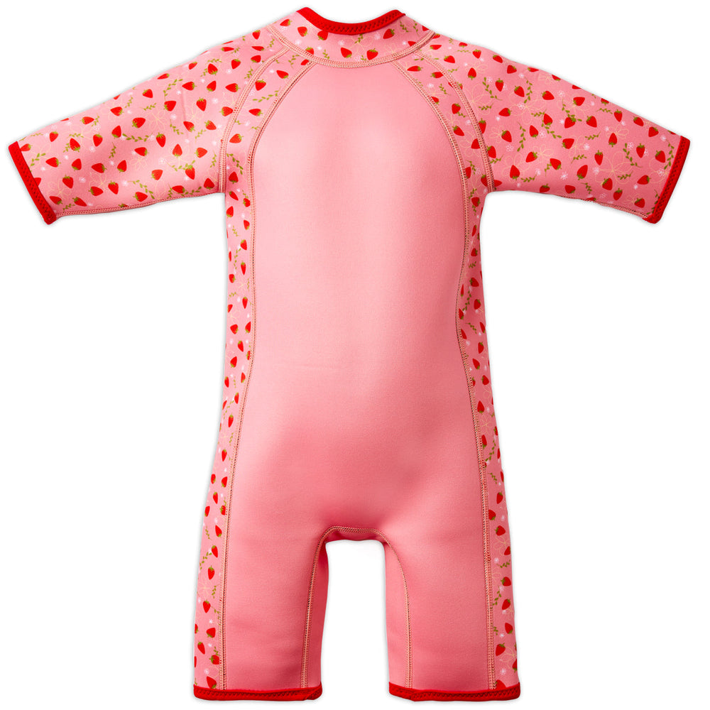 Shorty wetsuit in pink with bright red trims, featuring strawberries themed print in sleeves and side panels. Back