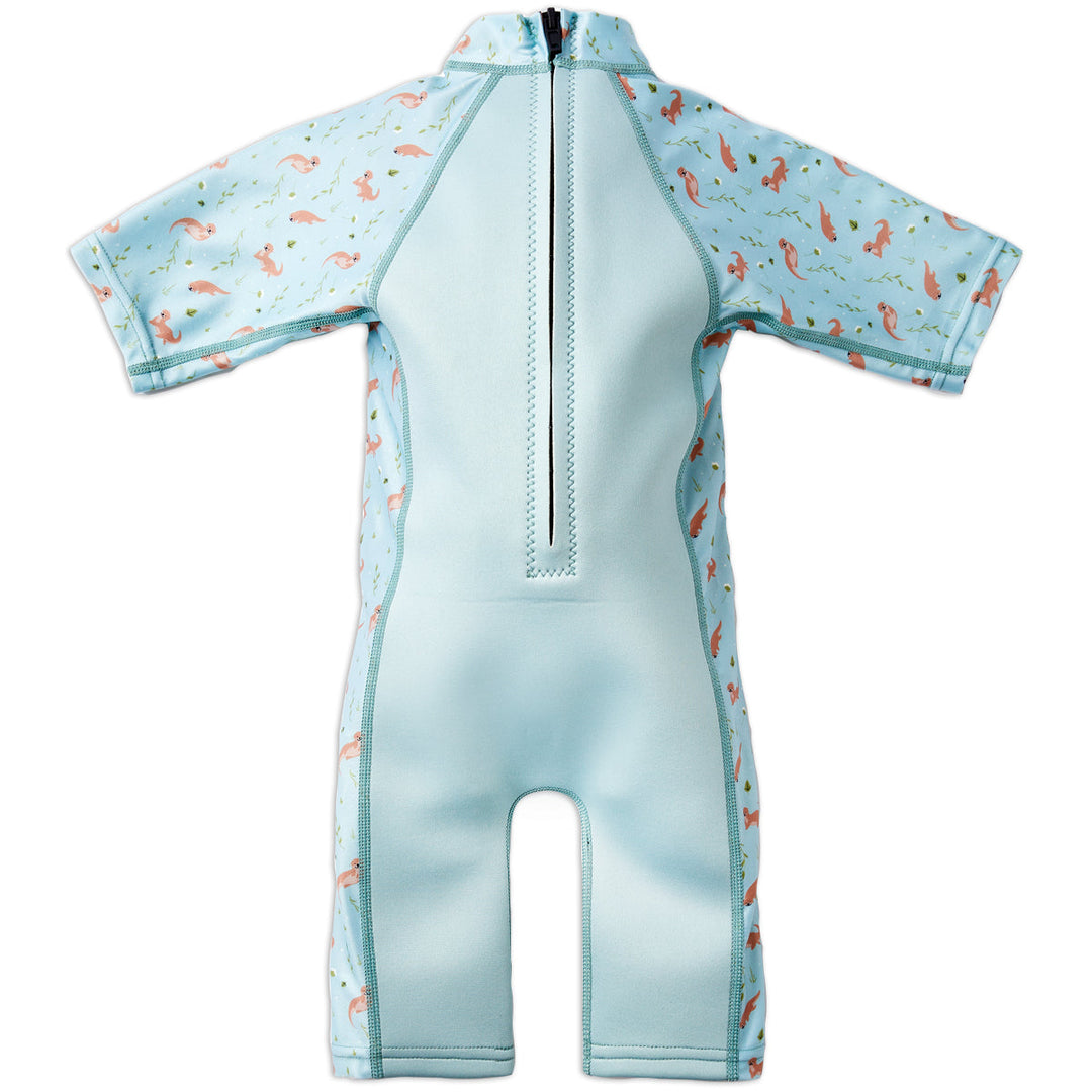 One piece UV sun and sea wetsuit for toddlers in light blue, featuring otters themed print on sleeves, side panels, neck and chest. Back.