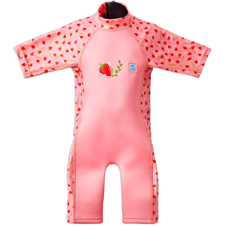 One piece UV sun and sea wetsuit for toddlers in pink, featuring strawberries themed print on sleeves, side panels, neck and chest. Front.