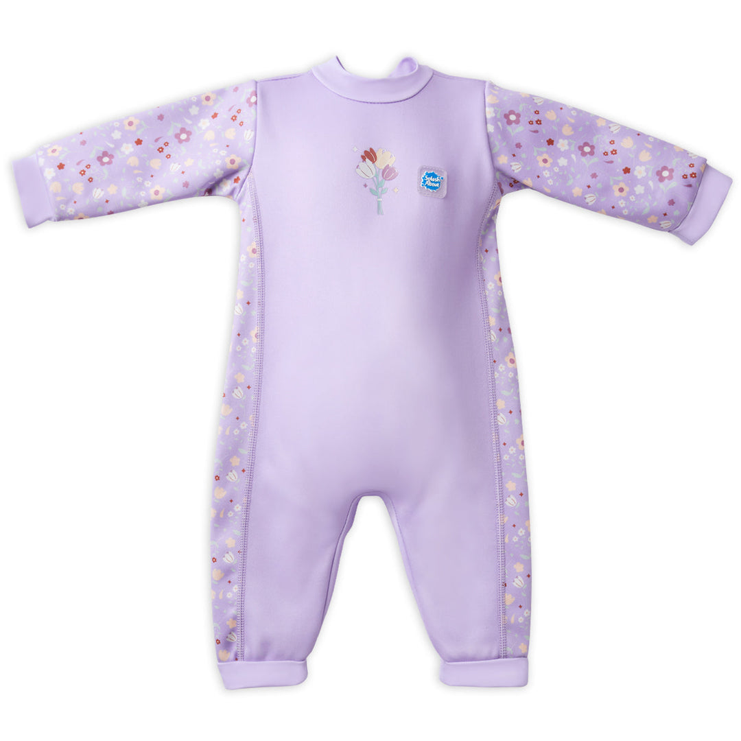 Floral print themed baby wetsuit in lilac, front.