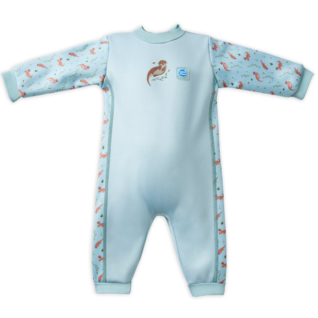 Otters themed baby wetsuit in light blue, front.