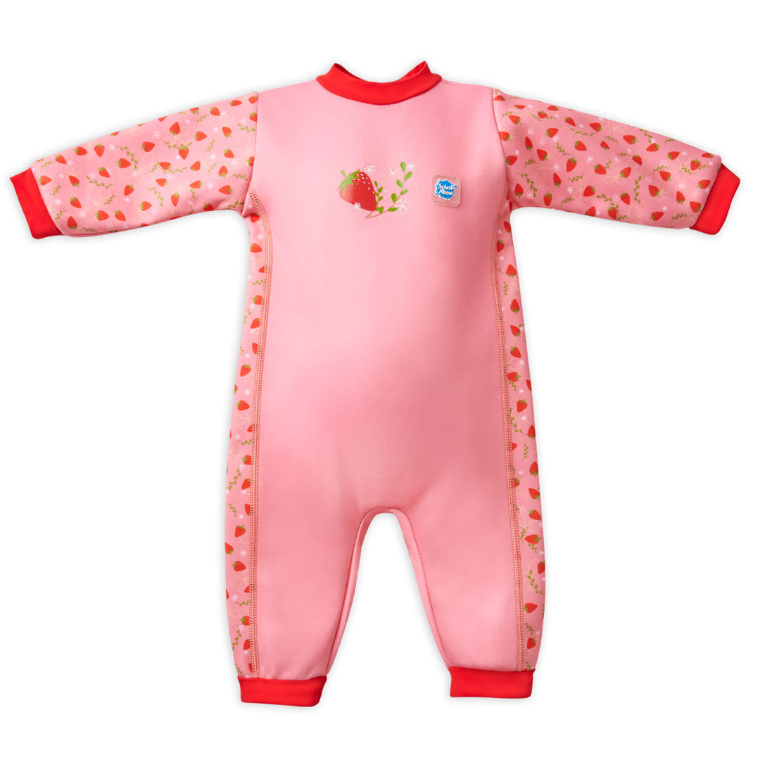 Strawberry themed baby wetsuit in pink with red trims, front.