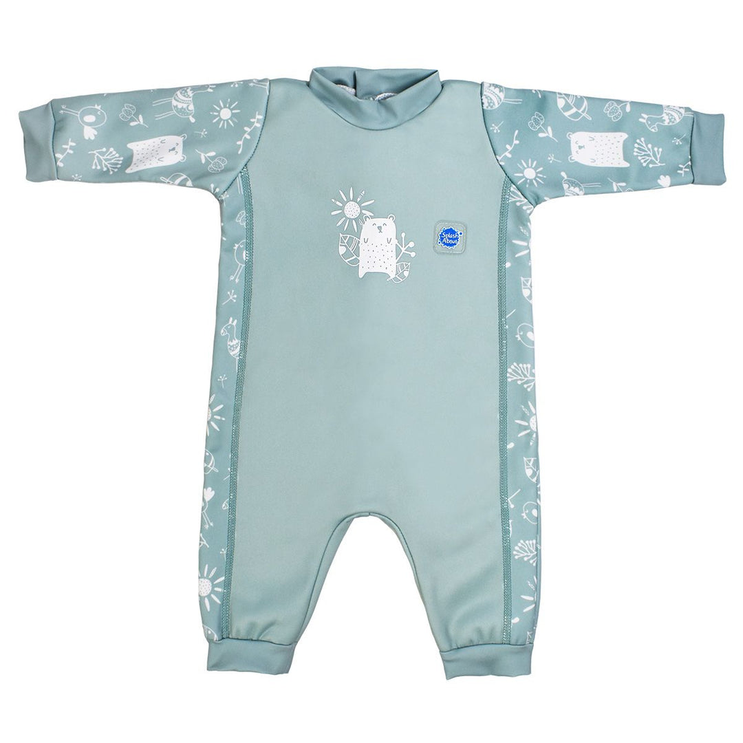 Fleece-lined baby wetsuit in greenish blue and white with animals themed print, including bears, llamas, suns and flowers on arms, side panels and chest. Front.