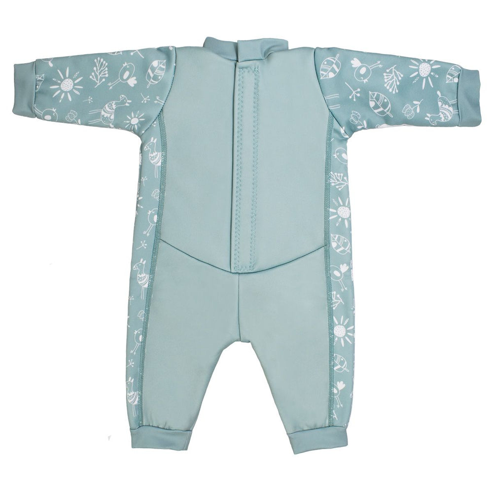 Fleece-lined baby wetsuit in greenish blue and white with animals themed print, including bears, llamas, suns and flowers on arms, side panels and chest. Back.