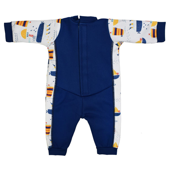 Fleece-lined baby wetsuit in navy and white with boats themed print on arms, side panels and chest. Back.