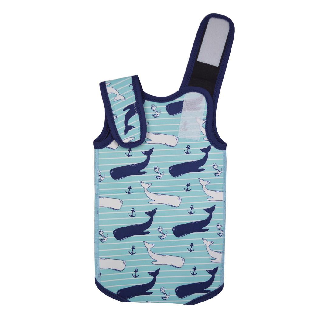 Neoprene baby swim wrap in blue whale print back