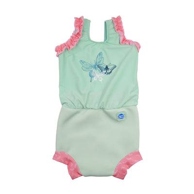 Baby swimming costume in pink and green dragonfly print