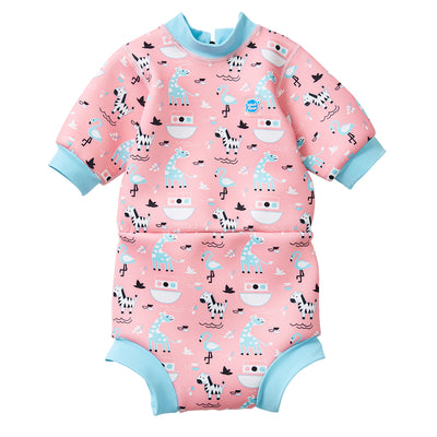 Baby swim nappy wetsuit in pink and blue Nina's Ark print. Front.