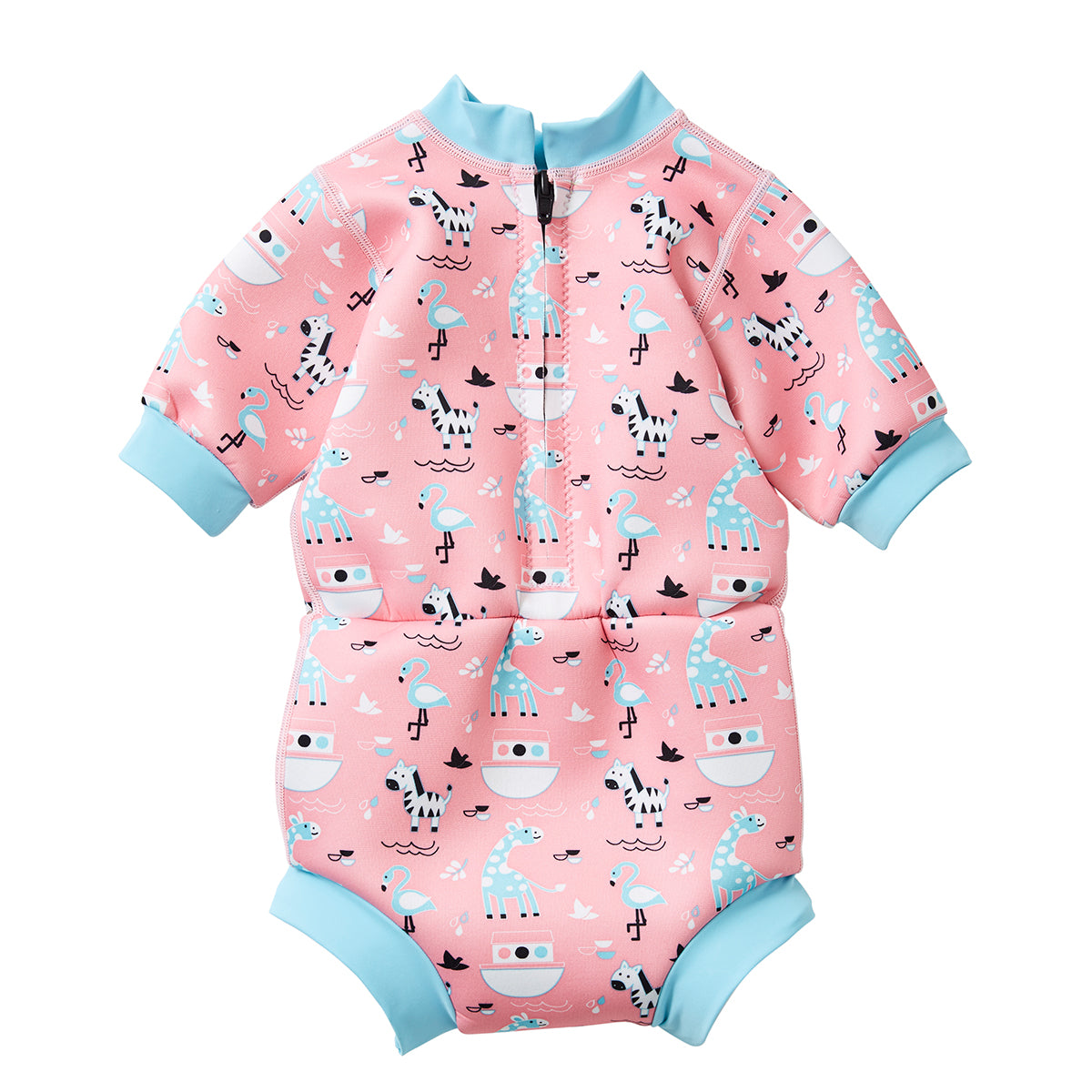 Baby swim nappy wetsuit in pink and blue Nina's Ark print. Back.