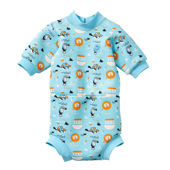 Warm baby wetsuit in blue and Noah's Ark print. Front.