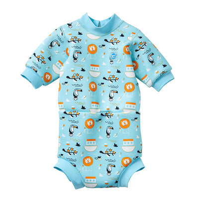 Warm baby wetsuit in blue and Noah's Ark print. Front.