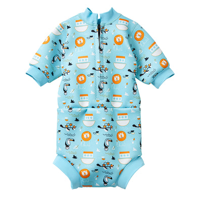 Warm baby wetsuit in blue and Noah's Ark print. Back.