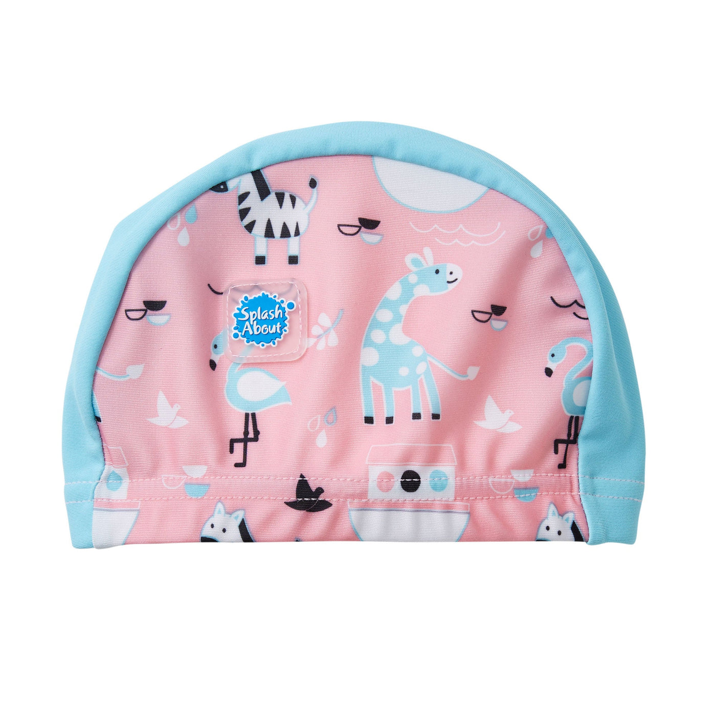 Cute baby swim hat in baby pink with light blue trims and Noah's Ark themed print, birds, giraffes, flamingos and more.