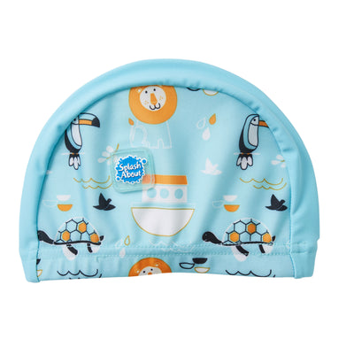 Cute baby swim hat in light green with Noah's Ark themed print, including lions, turtles and more.