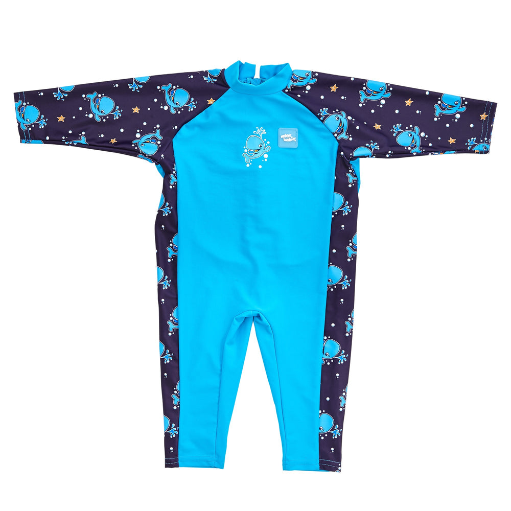 One piece baby UV sunsuit in blue Bubba the Whale print