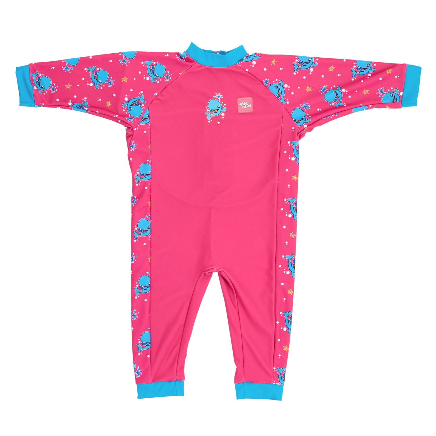 One piece baby UV sunsuit in pink Bubba the Whale print