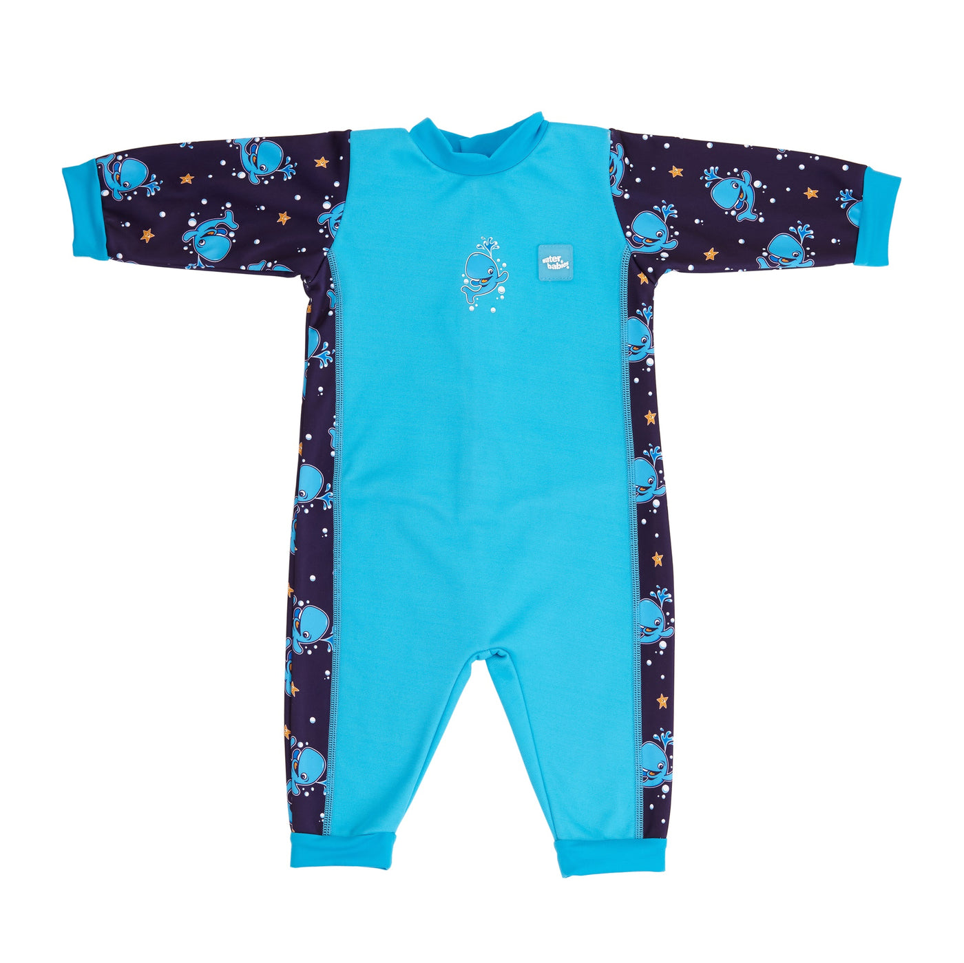 Warm baby wetsuit in blue Bubba the Whale print