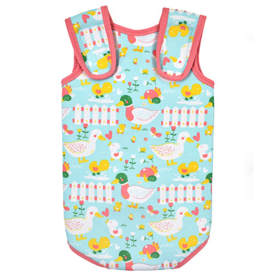 Neoprene baby swim wrap in pink and blue duck print back