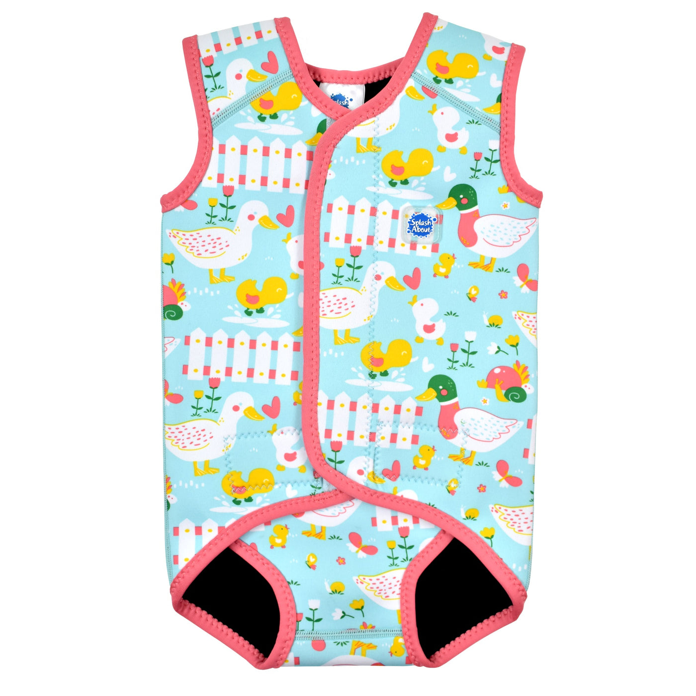 Neoprene baby swim wrap in pink and blue duck print front
