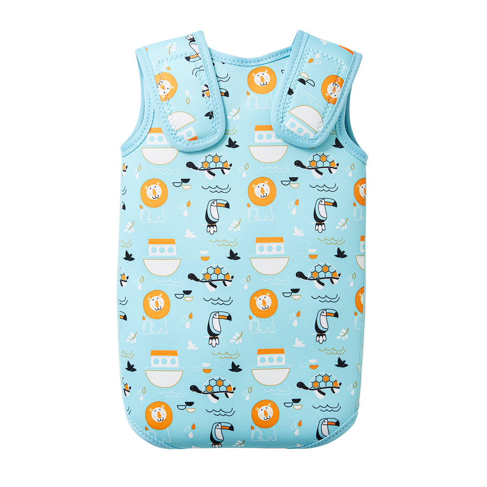 Neoprene baby swim wrap in blue Noah's Ark print back