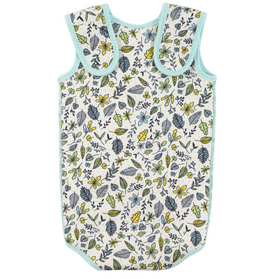 Baby Wrap wetsuit in white with light blue trims and minimalist leaves themed print. Back.