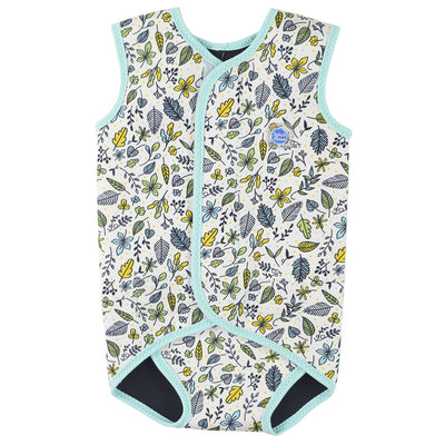 Baby Wrap wetsuit in white with light blue trims and minimalist leaves themed print. Front.