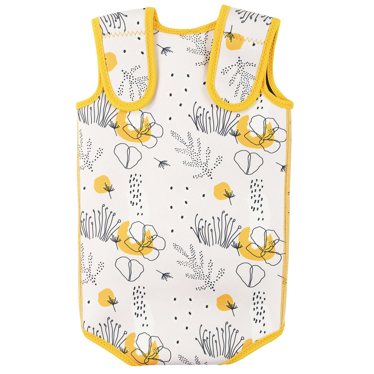 Baby Wrap wetsuit in white with yellow trims and minimalist floral themed print. Back.